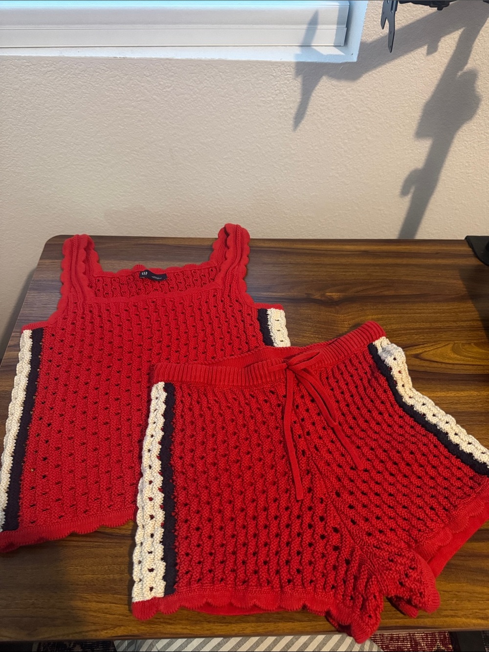GAP Red Crochet Knit Shorts Set with Navy and Cream Trim 100% cotton